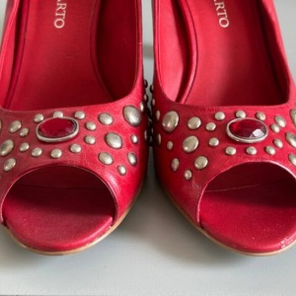 Franco Sarto Fanatic Red Leather Studded Peep Toe Pumps Stacked Heel Size 10M - Picture 14 of 14